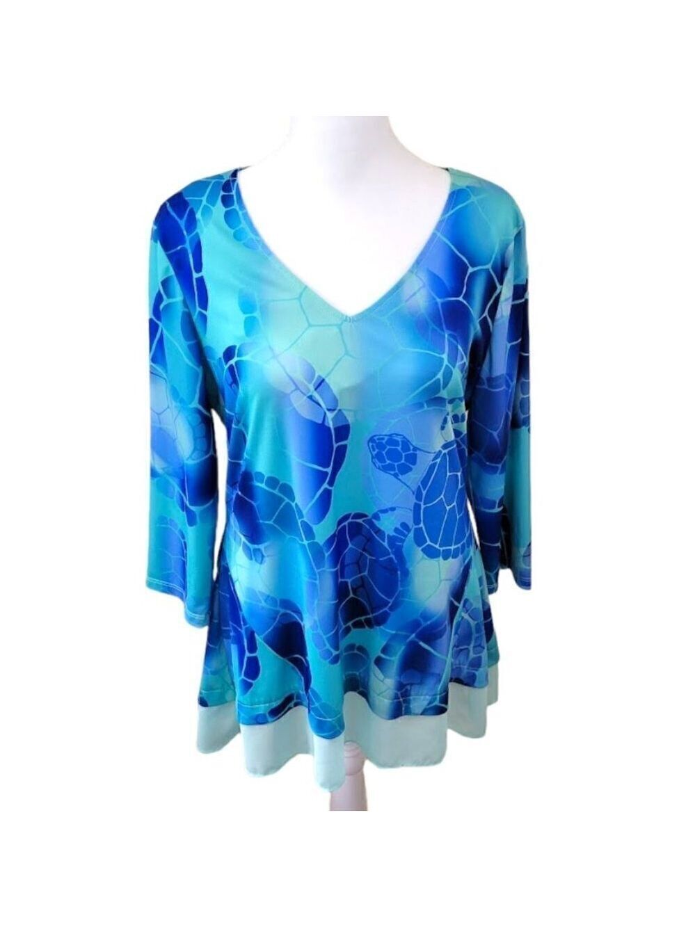 Kristine Blu&  Green Flowy Blouse V-Neck Tunic Top Women's Size S/M